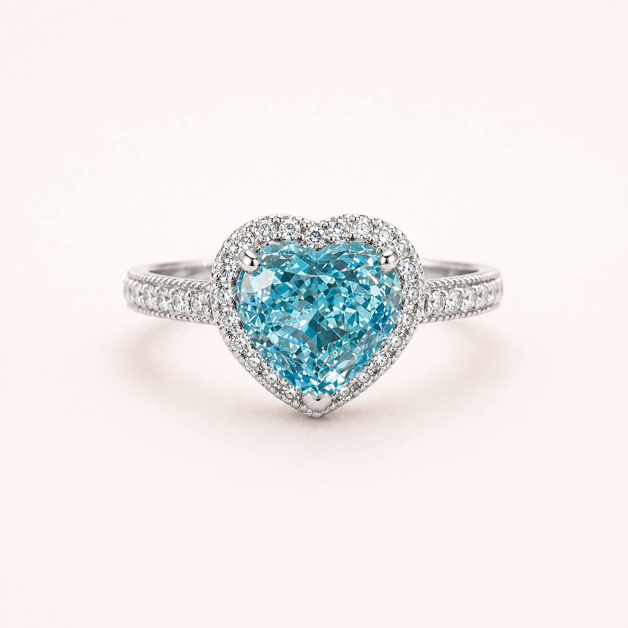 Blue Heart Halo Moissanite Ring