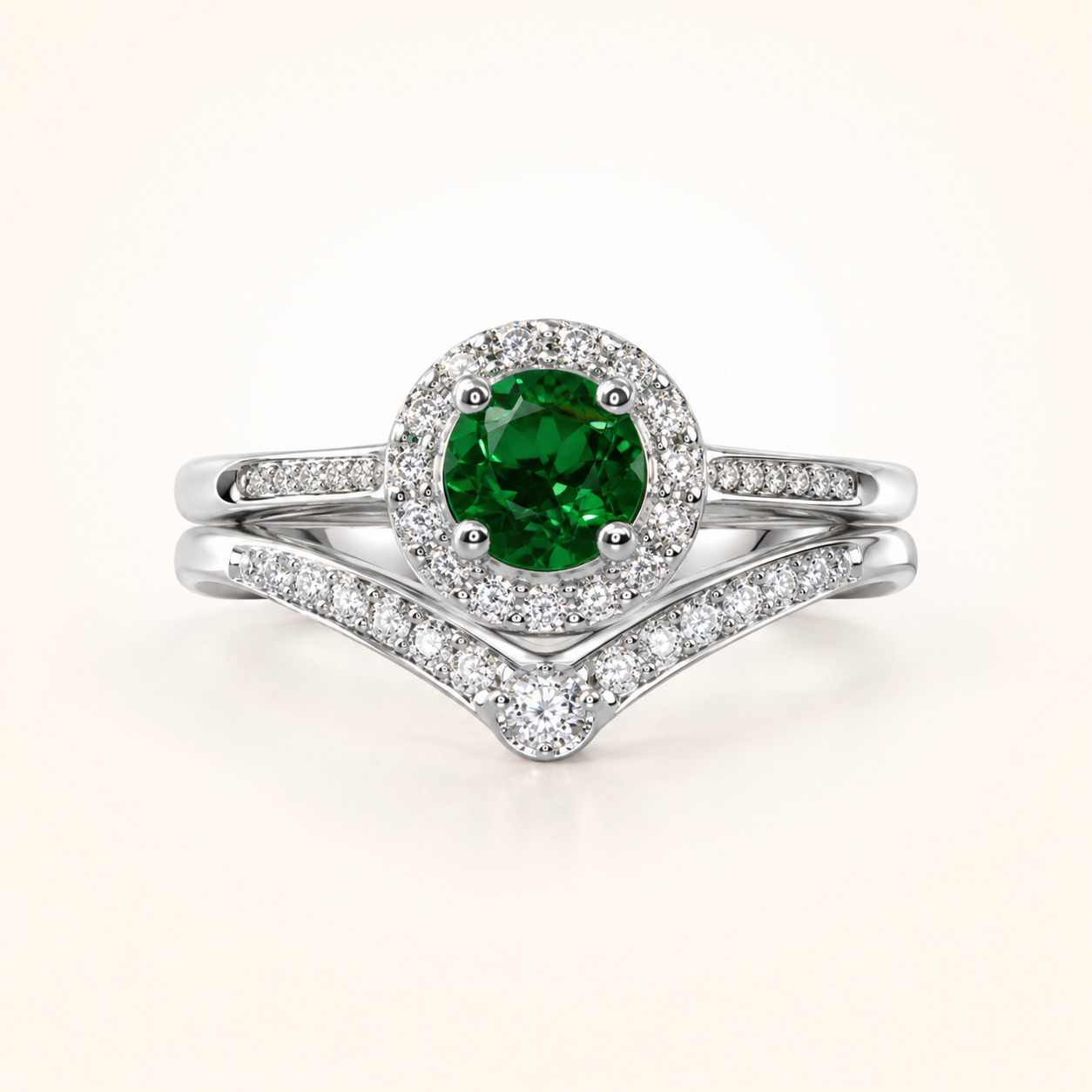 Vintage-inspired Emerald Halo Bridal Set With V-shaped Pavé Band