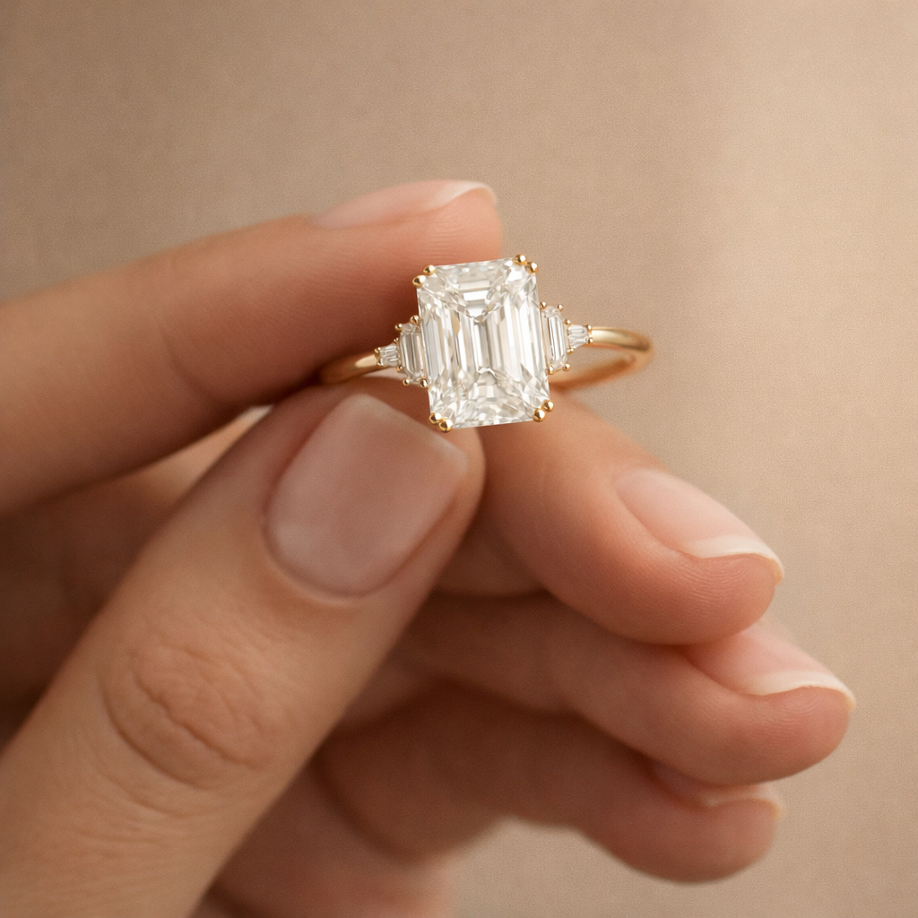 Emerald Cut Moissanite Three-stone Engagement Ring